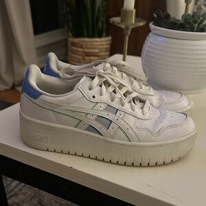 Asics White Sneakers with Blue and Green Accents